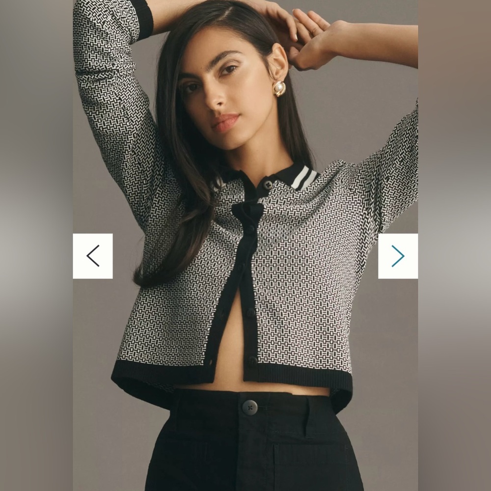 Anthropologie Maeve Plunging Polo Cardigan Chic Black Geometric Collared Sweater